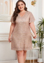 Shiny Sequin Short Sleeve V Neck Elegant Plus Size Party Dress