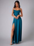 Women Sexy Backless Suspender Slit Maxi Dress