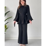 Women's Fashion Casual Belt Pleated Loose Top Wide Leg Pants Two Piece Set