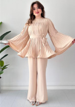 Women's Fashion Casual Belt Pleated Loose Top Wide Leg Pants Two Piece Set Women's Fashion Casual Belt Pleated Loose Top Wide Leg Pants Two Piece Set