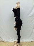 Spring Solid Off Shoulder Long Sleeve Crop Top Ripped Tight Fitting Pant Sexy Two Piece Set