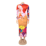 Long Sleeve High Neck Long Sleeve Fashionable Printed Long Dress