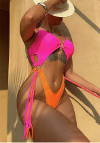 Women Sexy Hollow Steel Ring Tassel One-piece Swimwear