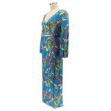 Plus Size Women Feather Print Sexy Slit Dress