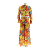 Women chiffon irregular printed long-sleeved top and wide-leg pants Casual two-piece set
