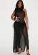 Women Spring Summer Sexy Mesh See-Through Jumpsuit Skirt Two-piece Set
