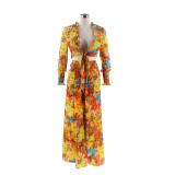 Women chiffon irregular printed long-sleeved top and wide-leg pants Casual two-piece set
