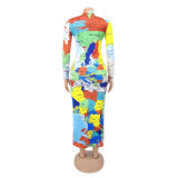 Long Sleeve High Neck Long Sleeve Fashionable Printed Long Dress