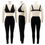 Women Solid Sling Elastic Casual Sports Two-piece Set