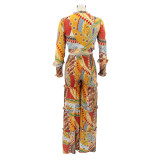 Women chiffon irregular printed long-sleeved top and wide-leg pants Casual two-piece set