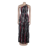 Women Sexy Print Lace-Up Slash Shoulder Backless Dress