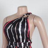 Women Sexy Print Lace-Up Slash Shoulder Backless Dress