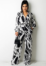 Women Irregular Printed Shirt and PantCasual Two-piece Set including Belt Women Irregular Printed Shirt and PantCasual Two-piece Set including Belt