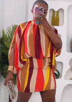 Women Sexy Color Stripe Print Lace-Up Bat Sleeves Bodycon Dress