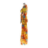 Women chiffon irregular printed long-sleeved top and wide-leg pants Casual two-piece set