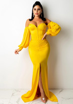 Women Solid Corset Sexy Long Sleeve Slit Party Dress