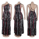 Women Sexy Print Lace-Up Slash Shoulder Backless Dress