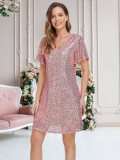 Shiny Sequin Short Sleeve V Neck Elegant Party Dress