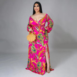 Plus Size Women Feather Print Sexy Slit Dress