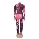 Printed Women's High Neck Long Sleeve Casual Two Piece Pants Set