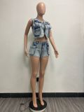 Women Multi-Pocket Vest and Casual Shorts Stretch Two-piece Set