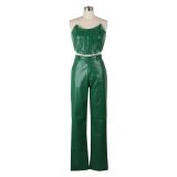 Women's Strapless Pu Leather Top And Pants Sexytwo-Piece Set