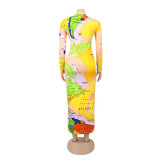 Long Sleeve High Neck Long Sleeve Fashionable Printed Long Dress