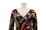 Plus Size Women Feather Print Sexy Slit Dress