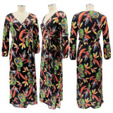 Plus Size Women Feather Print Sexy Slit Dress