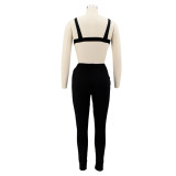 Women Solid Sling Elastic Casual Sports Two-piece Set