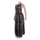 Women Sexy Print Lace-Up Slash Shoulder Backless Dress