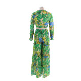 Women chiffon irregular printed long-sleeved top and wide-leg pants Casual two-piece set