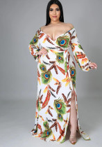Plus Size Women Feather Print Sexy Slit Dress
