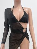 Skirt Summer Women's Sequin Bra Long Sleeve Low Back Dress Nightclub Two Piece Set