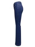 Spring Buttoned High Waist Denim Pants Women's Slim Fit Chic Bell Bottom Trousers