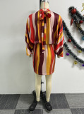 Women Sexy Color Stripe Print Lace-Up Bat Sleeves Bodycon Dress