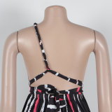 Women Sexy Print Lace-Up Slash Shoulder Backless Dress