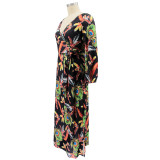 Plus Size Women Feather Print Sexy Slit Dress