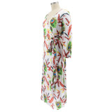 Plus Size Women Feather Print Sexy Slit Dress