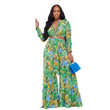 Women chiffon irregular printed long-sleeved top and wide-leg pants Casual two-piece set