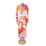 Long Sleeve High Neck Long Sleeve Fashionable Printed Long Dress