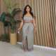 Women's Fashion Trend Ribbed Solid Color Slit Tassel Long Skirt Tank Top Two Piece Set