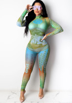 Women's Sexy Dollar Print Mesh Long Sleeve Jumpsuit Women's Sexy Dollar Print Mesh Long Sleeve Jumpsuit