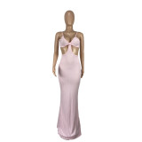 Women's Solid Color Strap Hollow Waist Long Dress