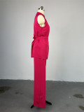 Women's Summer Stand Collar Buttoned Sleeveless Slim Waist Belt Top Wide Leg Pants Two Piece Set