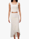 Women's Spring Summer Sexy Pleated Strap Top Chic Lace Skirt Two Piece Set