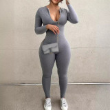 Spring Summer Women's Solid Color Long Sleeve  Tight Fitting Zipper Jumpsuit