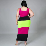 Multicolor Patchwork Plus Size U Neck Strappy Women's Sleeveless Long Dress