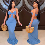 Women's Solid Color Strap Hollow Waist Long Dress