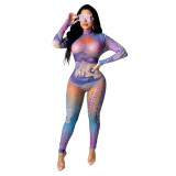 Women's Sexy Dollar Print Mesh Long Sleeve Jumpsuit